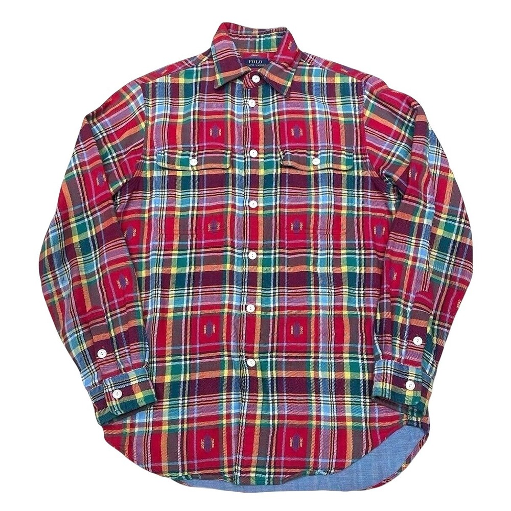 Vtg Polo Ralph Lauren Native American‎ Flannel Workshirt Men Pocket Plaid Red